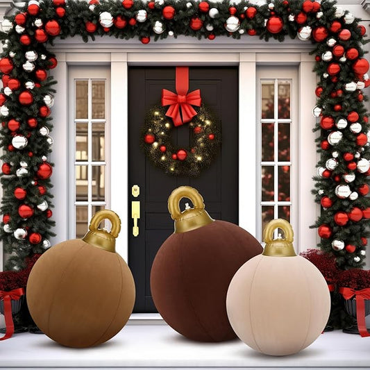 Jenaai 3 Pcs Giant Velvet Christmas Inflatable Ball Ornament Large PVC Christmas Inflatable Balls 3 Size 24" 20" 18" Xmas Hanging Ornaments Outdoor Decor for Lawn Porch Yard (Neutral)