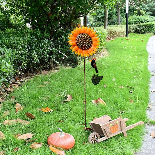 33.5" H Sunflower Garden Stake with Black Crow Outdoor Yard Decor, Rustic Metal Yard Art Flower Stake for Outside Yard Lawn Patio Porch Pathway Decorations