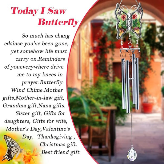 KY&BOSAM Big Butterfly Wind Chime with Crystal Sympathy Wind Spinner Memorial Wind Chime for Loss of Loved One Bereavement Sympathy Memorial Gift for Loss of Mother Father Home Garden Decor