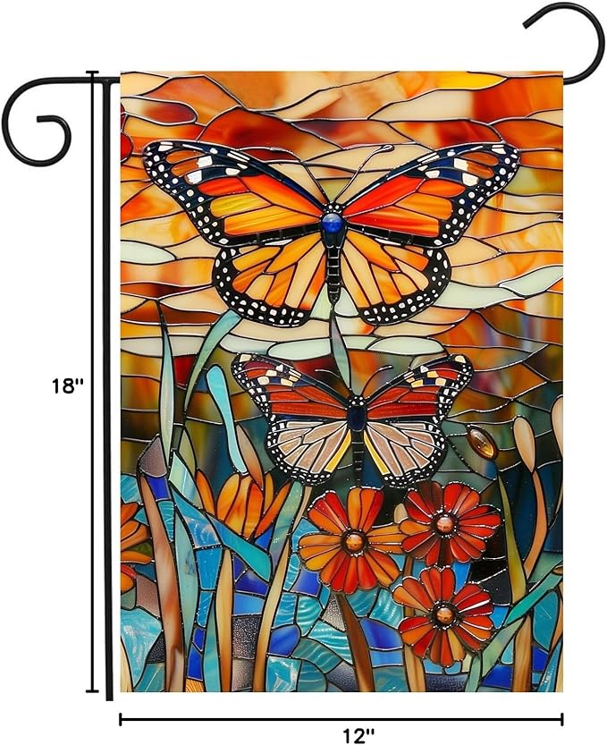 Monarch Butterfly Garden Flags for Outside Fall Flag Stained Glass Floral Yard Flag Spring Summer Decorative Flags 12x18 Double Sided Small Seasonal Lawn Flags Rustic Outdoor Decor