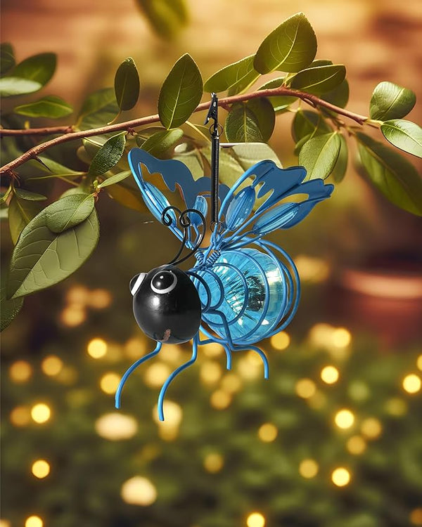 Lighted Outdoor Display - Solar Powered Hanging Bee Decor with Bouncy Springs - Outdoor Hanging Solar Lights for Christmas Garden, Yard, Patio, Porch (Blue)