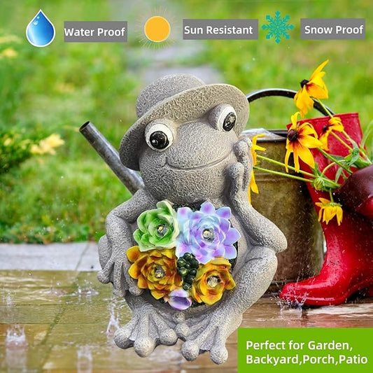 GUCHO Garden Frog Flower Statue with 4 Solar Lights,Outdoor Frog Figurine Lights, Garden Decorations for Outside,Unique Gifts for Women Men Nature Lovers