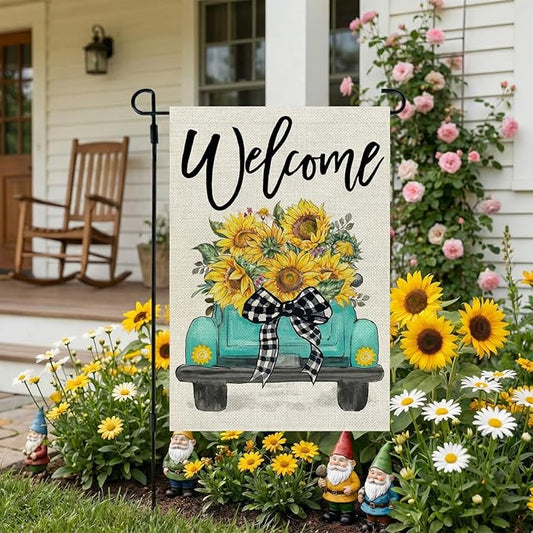 CROWNED BEAUTY Summer Garden Flag Sunflowers Truck 12x18 Inch Double Sided Small Burlap Welcome Holiday Seasonal Flag for Outside Yard Decoration