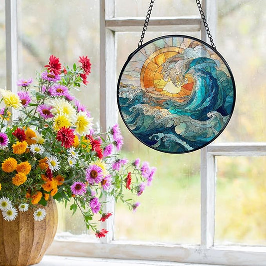 Coastal Ocean Waves Suncatchers Stained Glass Window Hanging, Ocean Beach Sun Catchers Indoor Window Glass Round Wall Decor, 7.9x7.9in