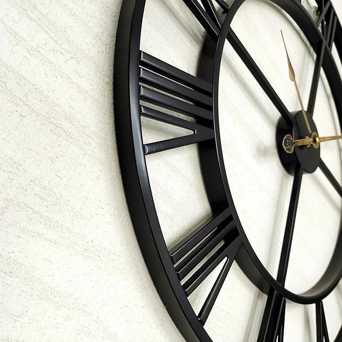 Retro Outdoor Clocks for Patio – 24 in Extra Large Farmhouse Black Metal Outdoor Wall Clock Silent Battery Operated – Vintage Industrial Skeleton Outside Clock for Pool Area, Garden, Backyard, Porch