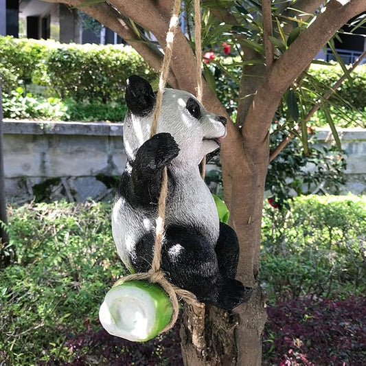 Cute Black and White Panda Swing on Bamboo Creative Statue for Garden Decoration