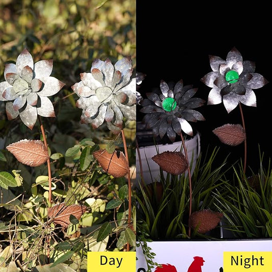 Floral Garden Stake Glow in Dark Outdoor Plant Pick Cute Metal Flower Stick Art Ornament Decorate for Lawn Yard Patio,3 Set