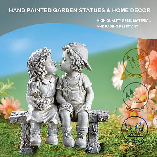 Elenon Boy and Girl Garden Statue Decor, Couple First Kiss Garden DecorativeSculpture for Yard Patio Art Flower Bed Decoration, 8 1/4" L x 4 3/4" W x 9" H
