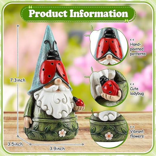 Garden Ladybug Gnome Statues Outdoor Decor for Patio, Yard, Lawn, Porch, Home, Table, Spring Summer Ladybug Gnomes Figurines 7.3" Tall Elf Ornament Gifts for Mother Women
