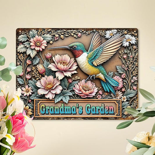 Custom Garden Signs Personalized Metal Tin Sign for Women, Retro Hummingbird Metal Sign for Outdoor, Patio, Yard Home Decor Gift for Mothers Day, Grandmas, and Gardening Lovers