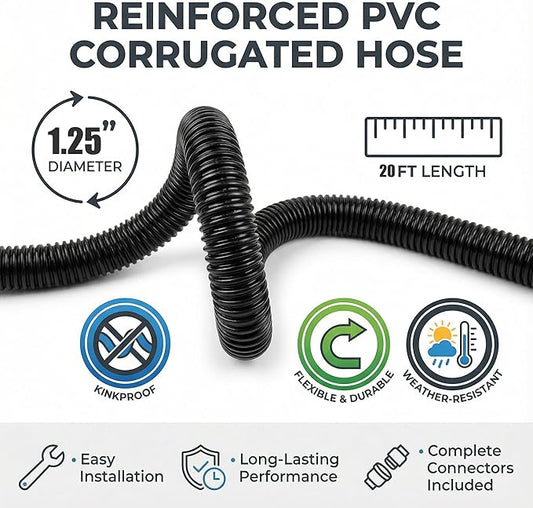 Corrugated Pond Tubing - Flexible, Kinkproof, Reinforced PVC Hose for Water Gardens, Pumps, Waterfalls & Aquaculture (20 Feet Black, 1-1/4 Inch)