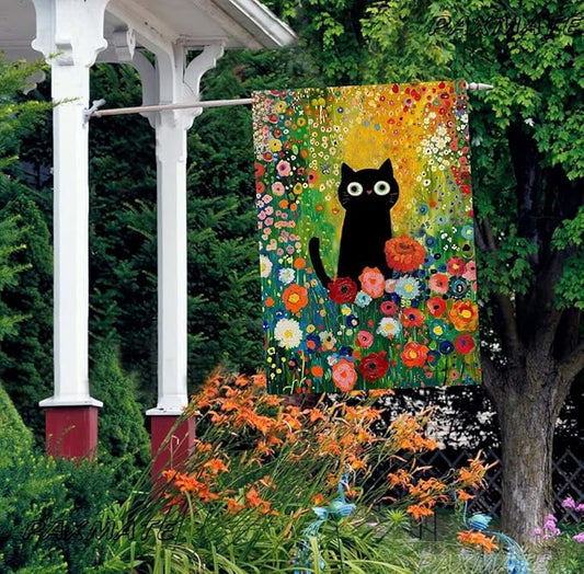 Spring Summer House Flag 28x40 Inch Double Sided Outside Black Cat Colorful Floral Flowers Seasonal Holiday Yard Porch Outdoor Decoration