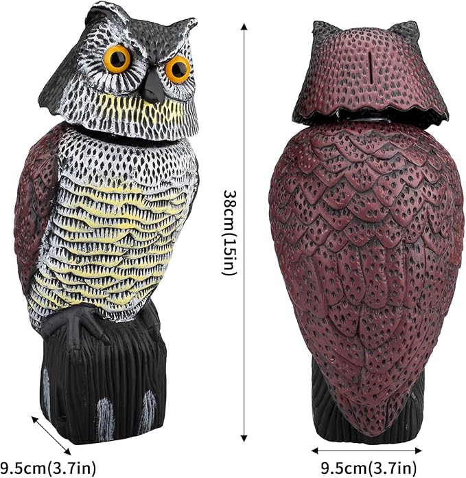 Owl Decoys to Scare Birds Squirrels Away, 360 Rotating Head Activated, Fake Owl Statues Repellent Pest Hawk Squirrel Cats Chickens Pigeon Bird Deterrents for Outside Garden Patios Backyard