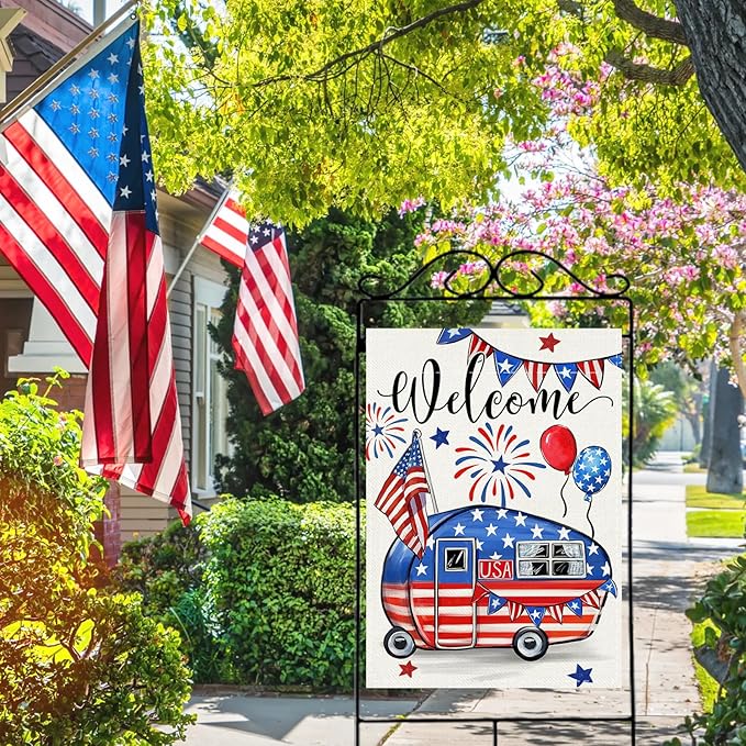 Welcome 4th of July Camping Patriotic Decorative House Flag, America Camper RV Stars Stripes Garden Yard Outside Decorations, American USA Campsite Outdoor Large Home Decor Double Sided 28 x 40
