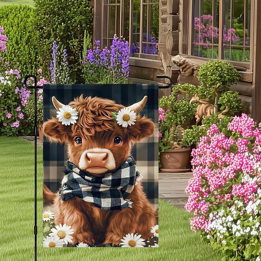 BlissYard Highland Cow Garden Flag 12x18 Inch Double Sided Plaid Daisy Yard Flags Floral Cow Farmhouse Flag Adorable Farm Animal Outdoor Decoration for Seasonal Summer Spring Yard Decor