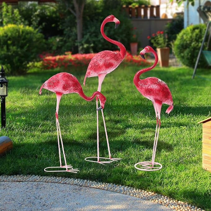 Pink Flamingo Yard Decoration Set of 3 Metal Vintage Garden Flamingo Outdoor Statue Flamingo Yard Decor for Home Patio Garden 47.24", 41.34", 28.3"