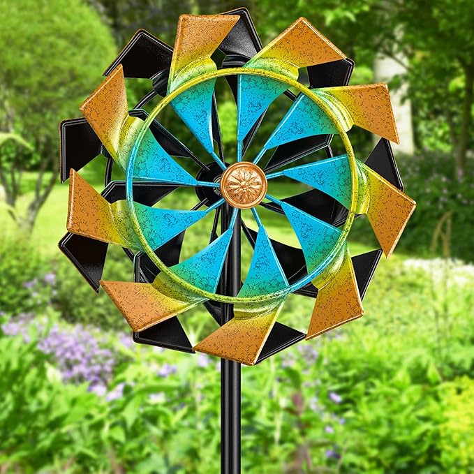 59 Inch Kinetic Wind Spinner Outdoor, Double Blade Wind Sculpture with 5 Prong Base, Garden Metal Pinwheel for Yard Lawn Patio Decor(Colorful)
