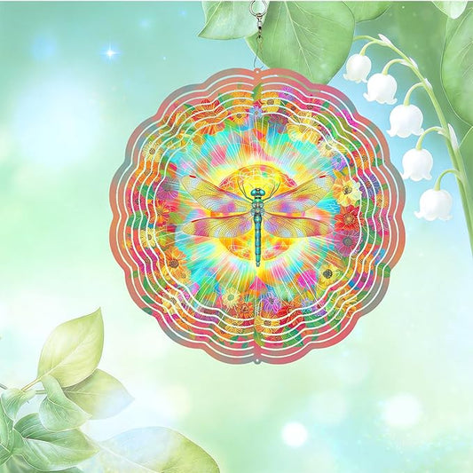 10x10 Inch Wind Spinner Outdoor Hanging Colorful Dragonfly Floral Sunburst Metal Kinetic Spiral Ornament for Yard Patio Porch Balcony Tree Window Gift