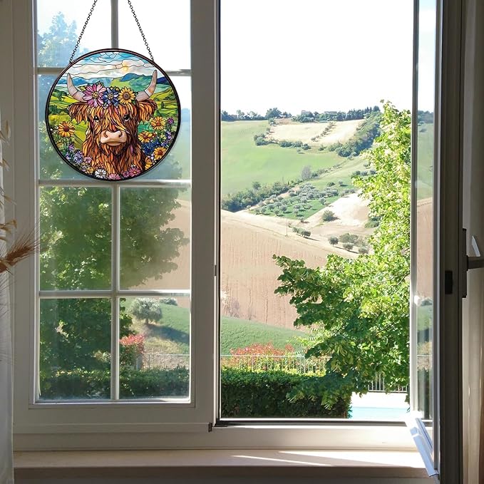 Flowers Highland Stained Glass Window Hanging Cow Sun Catcher Cowgirl Decor Highland Cow Gifts for Women Christmas Suncatchers for Home Windows Hanging Decoration, 7.87inch