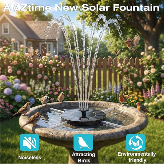 AMZtime Solar Fountain for Bird Bath, 1.4W Solar Fountain Pump 6 Nozzles, 2026 New Free Standing Solar Powered Water Pump for Outdoor, Garden, Fish Tank, Pond and Pool