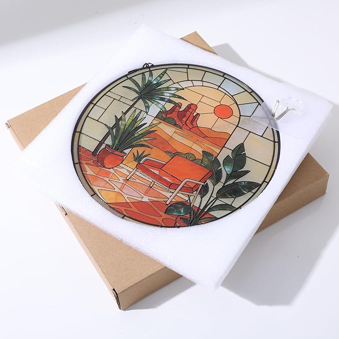 Hanging Stained Glass for Windows,20cm/7.87inch Desert Sunset Stained Glass Suncatcher with Chain Garden Diamond Glass Panel Hangings Decoration for Home Decor Gifts for Family Friends Colleagues