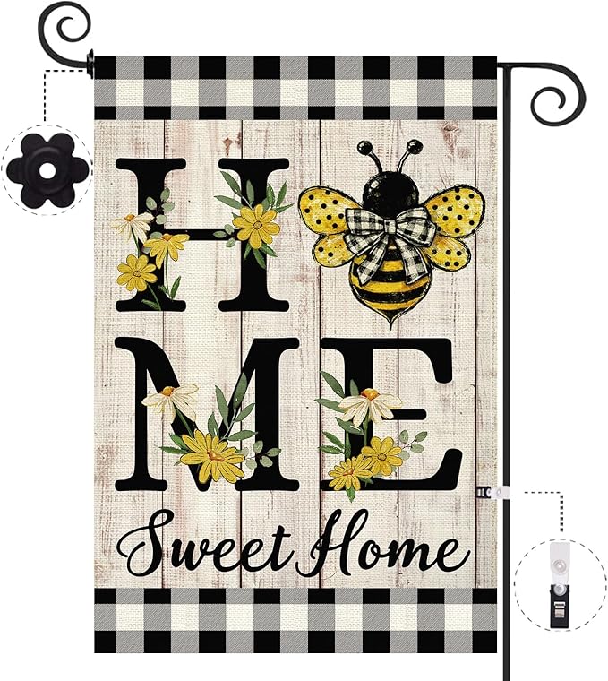 ORTIGIA Home Sweet Home Bee Garden Flag Double Sided 12.5x18 Inch, Spring Summer Yellow Flower Buffalo Plaid Check Small Yard Flag Burlap Farmhouse Rustic Outside Outdoor Lawn Patio Decor