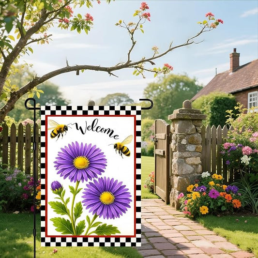 IVN Welcome Garden Flag 12x18 Inch Double Sided Spring Garden Yard Flags Bee Purple Daisy Decorative Small Flags for Outdoor Seasonal Front Door Lawn Porch Patio Decor Yard Flag