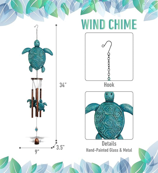 CoTa Global Rustic Sea Turtle Wind Chime - Handcrafted Glass and Metal Chime - Hanging Turtle Decorations for Indoor and Outdoor Spaces, Rustic Ocean Animal Windchime Decor Gift - 34 Inches
