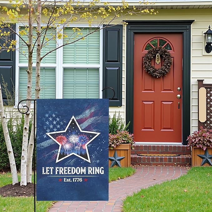 Fourth of July Patriotic Garden Flag Let Freedom Ring Yard Flags Independence Day Double Sided American Star Fireworks House Banner for Porch Patio Memorial July 4th Home Decor 12 x18 Inch