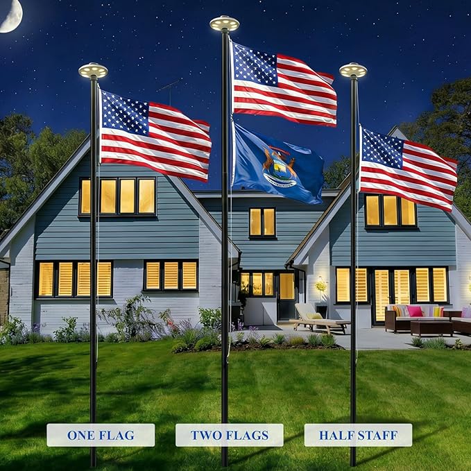 PHITRIC 11 Gauge Heavy Duty Flag Pole Kit with Solar Light, 25FT Extra Thick Aluminum Flagpole for Outside in Ground, Hardware Flagpole Set with 3x5 American Flag, 120 MPH Wind Resistant