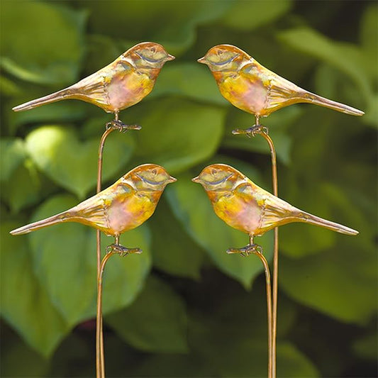 Ancient Graffiti Staked Bird Garden Ornaments, Set of 4 Flamed Copper Colored Metal Garden Stakes with Bird Figures, Outdoor Yard Art Décor with Step-in Bases