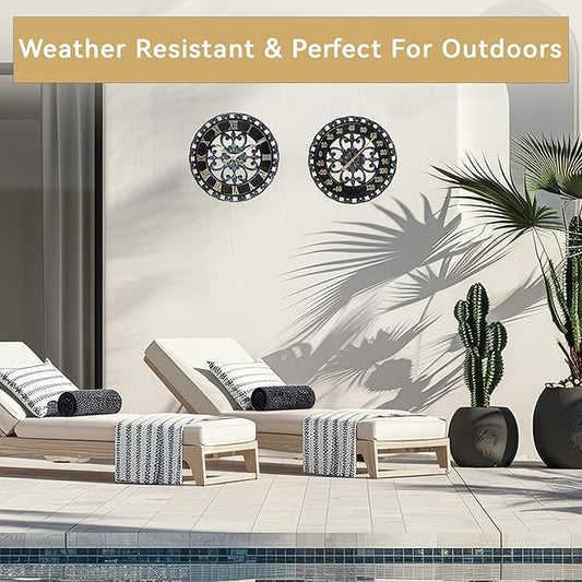 Lily's Home Hanging Verdigris Wall Clock and Dial Thermometer Set, Ideal for Indoor and Outdoor Use, Makes a Great Housewarming Gift, Black (13 Inches)