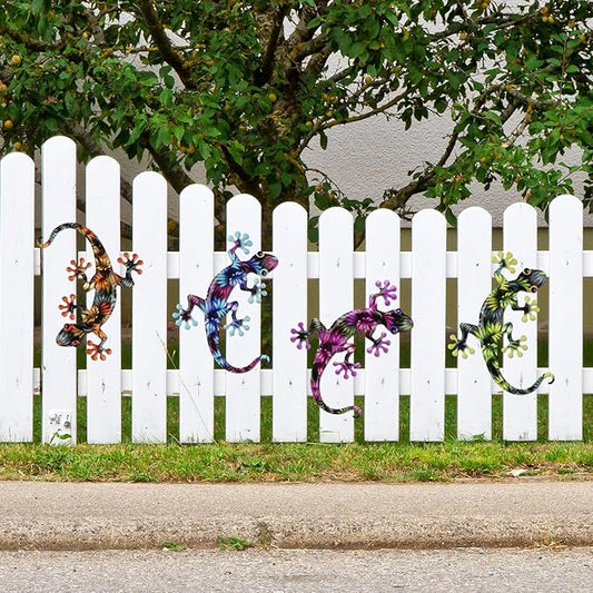 4 Pcs Metal Gecko Wall Art Outdoor Decor Metal Lizards Wall Decor Lizard 8.7 * 11.8 Inch Suitable for Hanging in Yard Garden Patio Fence Home, Idea Gifts for Mom Father Friends