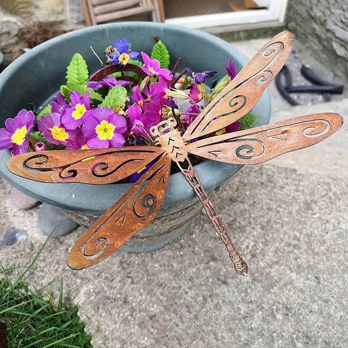 2 Pack Rusty Dragonfly Garden Decor, Metal Dragonfly Outdoor Yard Decor, Colorable Dragonflies Outdoor Statues Ornaments - Garden Sculptures and Yard Art, Fence Decorations Outdoor