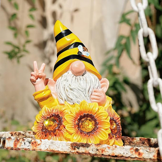 Joint Honglin Garden Sculptures & Statues Resin Summer Bee Gnome with Sunflower, Outdoor Funny Decoration Solar Light Figurine Gifts for Yard, Patio Decor for Mom