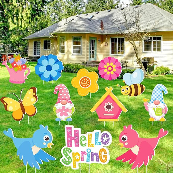 Amyhill 12 Pack Hello Spring Yard Decoration Outdoor Flower Garden Lawn Stake Signs with Stakes Waterproof Spring Garden Decor for Holiday Party Patio Lawn Walkway Outside(Fresh Style)