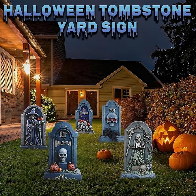 5PCS 26.7X15.7" Large Tombstones Halloween Decorations Garden Signs,Outdoor Cemetery Tombstone Decoration With H Metal Stake,Waterproof Halloween Party Decorations,Outdoor lawn Family Gatherings