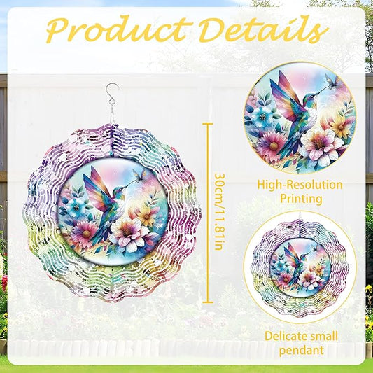 Hummingbird Wind Spinner Outdoor, Nature Gift for Women Men, Hanging Metal Wind Catcher with 5" Center Pendant, 12" 3D Stainless Steel Kinetic Art for Garden Yard Decor