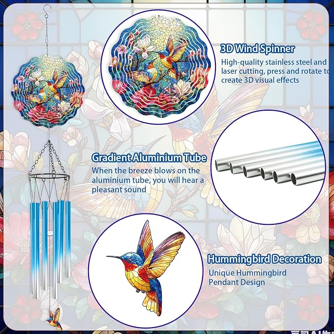 Hummingbird Wind Chimes for Outside - Hummingbird Wind Chimes with 3D Wind Spinners for Bird Lover, Hanging Art Ornament with Card for Indoors Room Home Wall Garden Patio Yard Porch Backyard