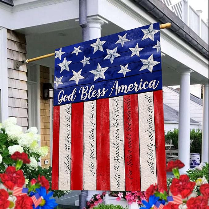 Artofy God Bless America 4th of July Home Decorative House Flag, Garden Yard American Stars Stripes Outside Decor, USA Patriotic Outdoor Large Burlap Decoration Double Sided 28 x 40