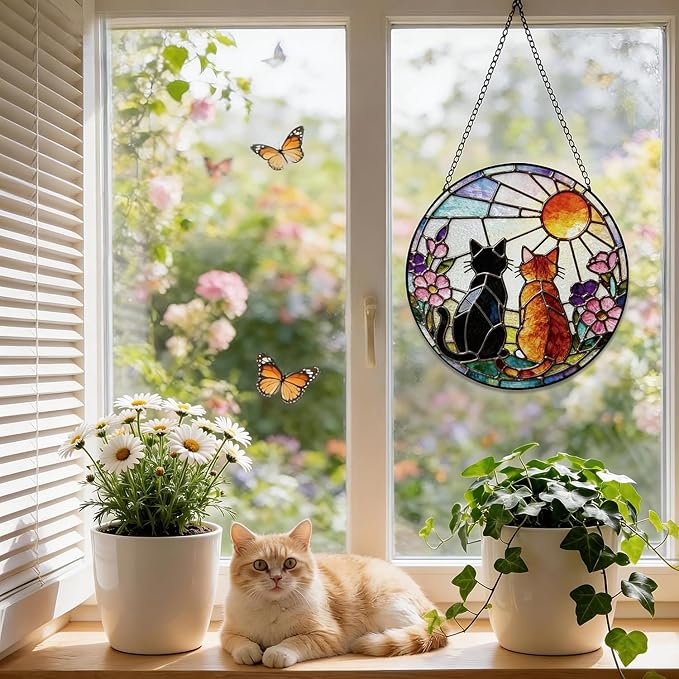 Stained Glass Window Hanging, 8 Inch Black Orange Cat Suncatcher, Sun Catchers Indoor Window, Pet Suncatchers for Windows Hanging, Spring Home Garden Decor Panel, Cat Lover Memorial Gifts for Mom