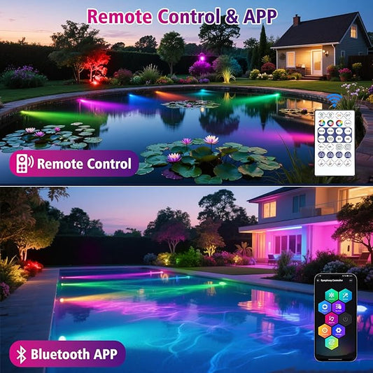T-SUN Color Changing Pond Lights LED Underwater Fountain Lights with Bluetooth APP Control, IP68 Waterproof Submersible Spotlight for Aquariums, Fish Tanks, Pools, Garden and Yard Ponds (Set of 6)
