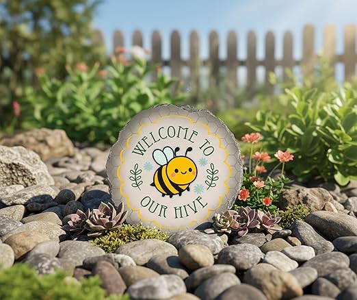 Magnolia Garden 10-Inch Welcome to Our Hive Decorative Stepping Stone – Cute Bumble Bee Resin Garden Walkway Tile – Whimsical Yellow & Green Outdoor Accent