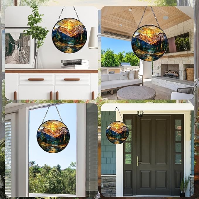 Rngmsi Sun Mountains Stained Glass Window Hanging, 7.8″ Sun Catchers with Hook Indoor Window Decor, Decorative Suncatchers Home Garden Art Gift for Thanksgiving Christmas Housewarming