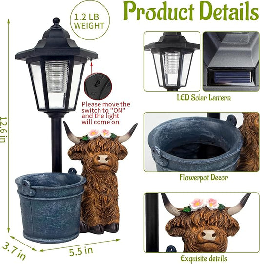 Solar Highland Cow Outdoor Statue, Garden Decor with Flowerpot & Lantern Highland Cow Figurines for Yard Art Lawn Ornaments Porch Patio Balcony - Gifts for Women Mom