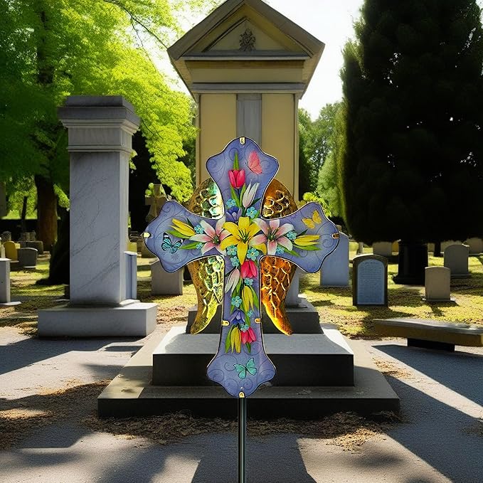 WAIU Solar Cross Garden Stake Lights,Metal Angel Wing & Acrylic Flowers Cross Solar Christmas Lights Outdoor,Waterproof Memorial Garden Decor for Remembrance Gifts & Sympathy Gifts.