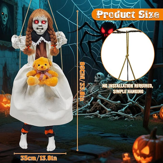 Outdoor Hanging Swinging Girl Halloween Decorations,Lighted Creepy Doll Halloween Dolls Scary Props for Garden Yard Lawn and Haunted House Decorations
