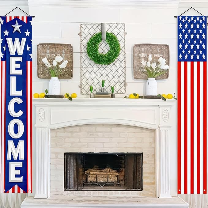 BlissYard 2Pcs Patriotic Decor Welcome Door Banner 4th of July Decorations American Banners Hanging Porch Signs for Independence Memorial Day Veterans Labor Day for Yard Indoor Outdoor Supplies