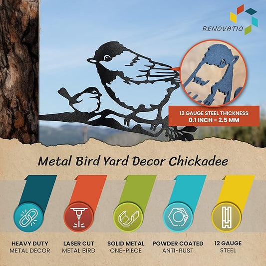 Renovatio Metal Bird Decor, Gifts for Mom, Elegant Bird Ornaments for Backyard, Patio, and Outdoor Spaces – Metal Decoration, Garden Art, Tree Ornaments & Statues – Chickadee (Black)
