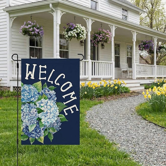 CROWNED BEAUTY Spring Garden Flag Hydrangea Welcome 12x18 Inch Double Sided Small Floral Seasonal Holiday Decoration for Outdoor Lawn Yard